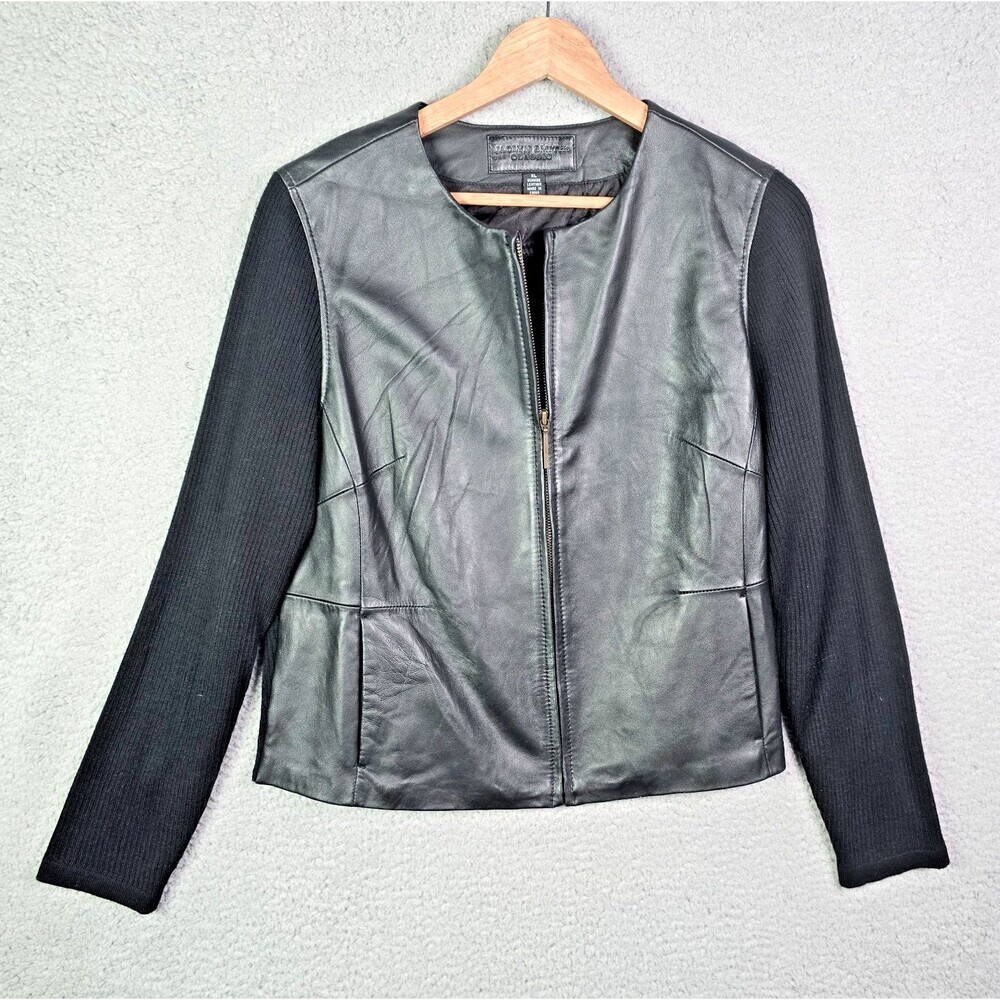 Jaclyn Smith Leather Sweater Jacket Black XL Full Zip Knit Sleeves Minimalist